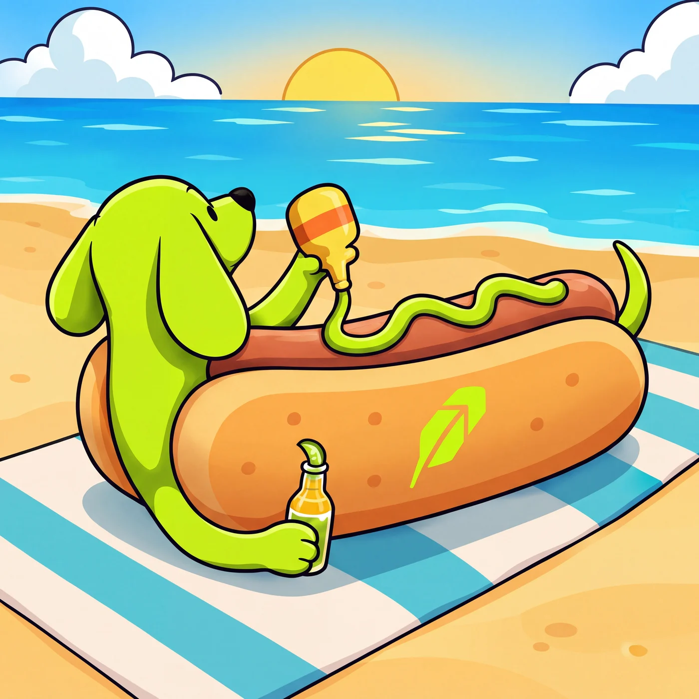HOODOG relaxing on a beach towel, adding lime mustard to his own bun
