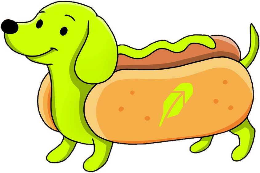 HOODOG, a lime green dachshund dressed as a hot dog with the Robinhood feather on its bun